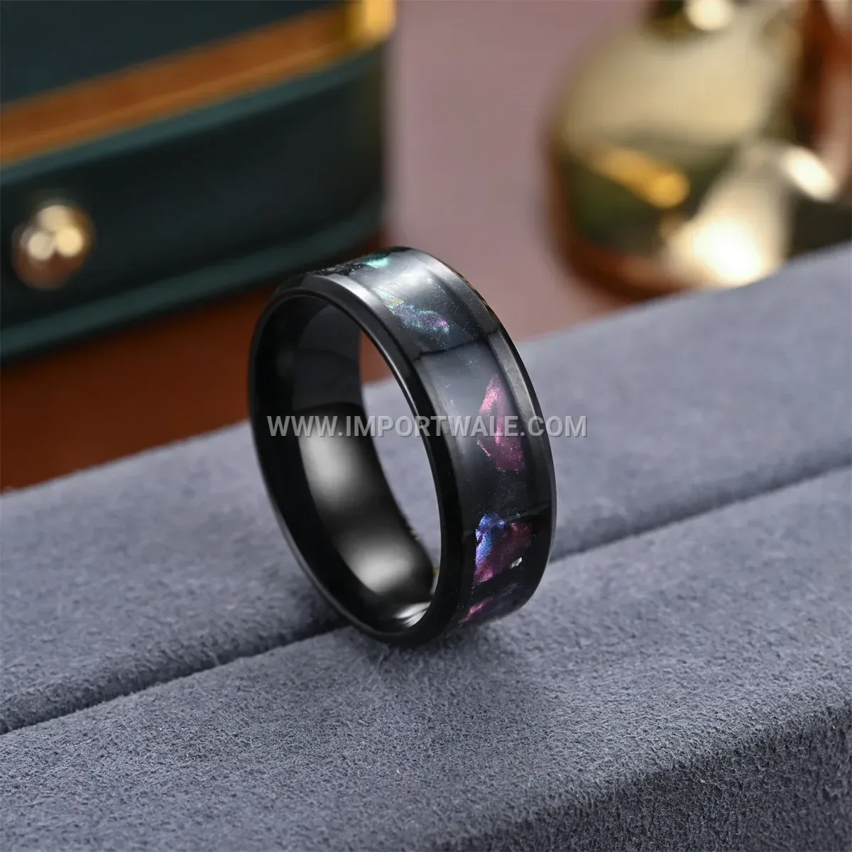 Black Starry Night Shell Inlay Stainless Steel Band Ring