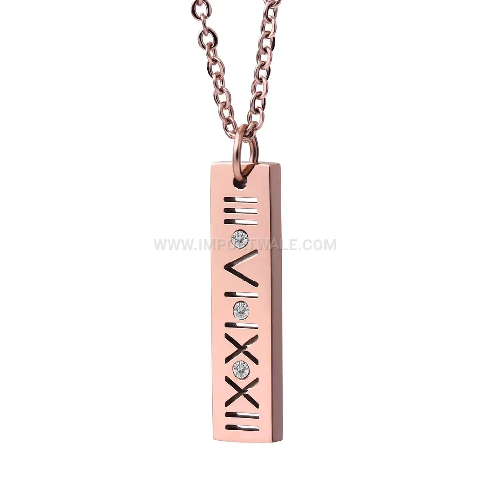 Roman Numeral Cutout Stainless Steel Rhinestone Pendant Necklace