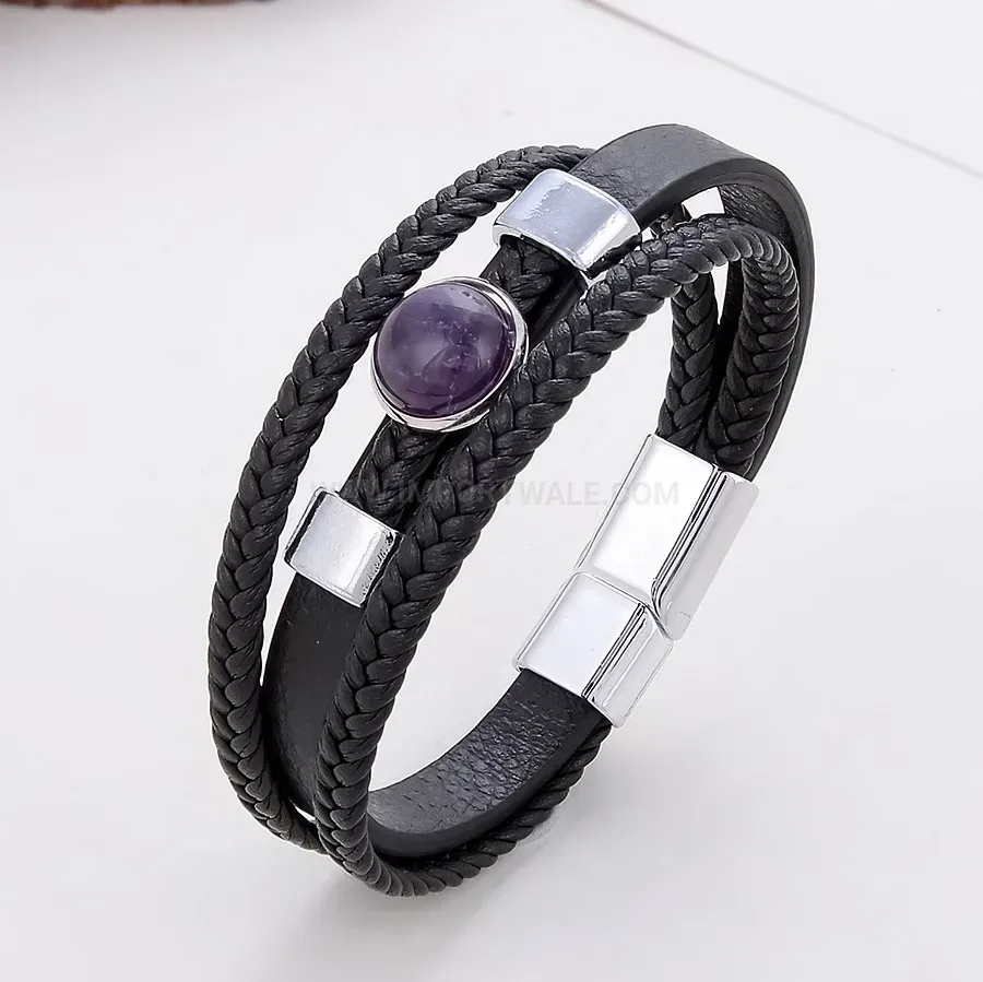 Multi-Strand Woven Leather Wristband with Stone Details and Stainless Clasp