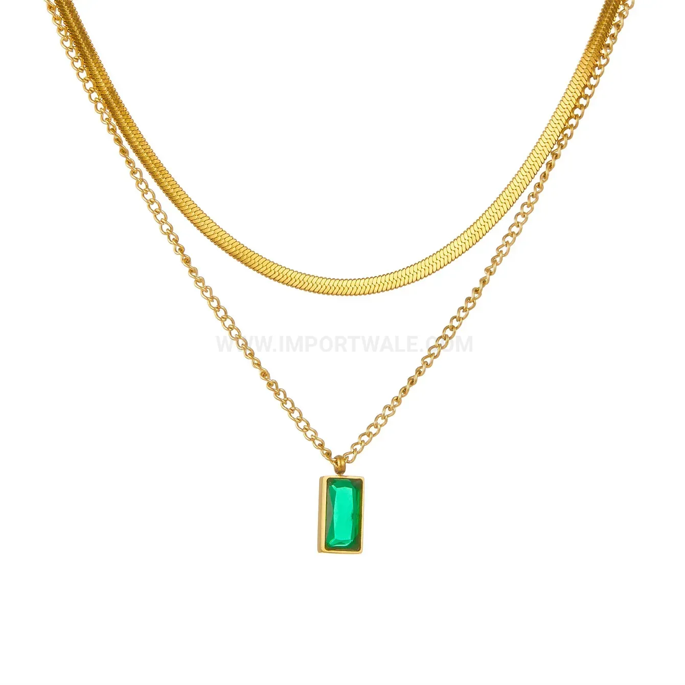 Modern Gold Titanium Steel Layered Snake Chain with Green Cubic Zirconia