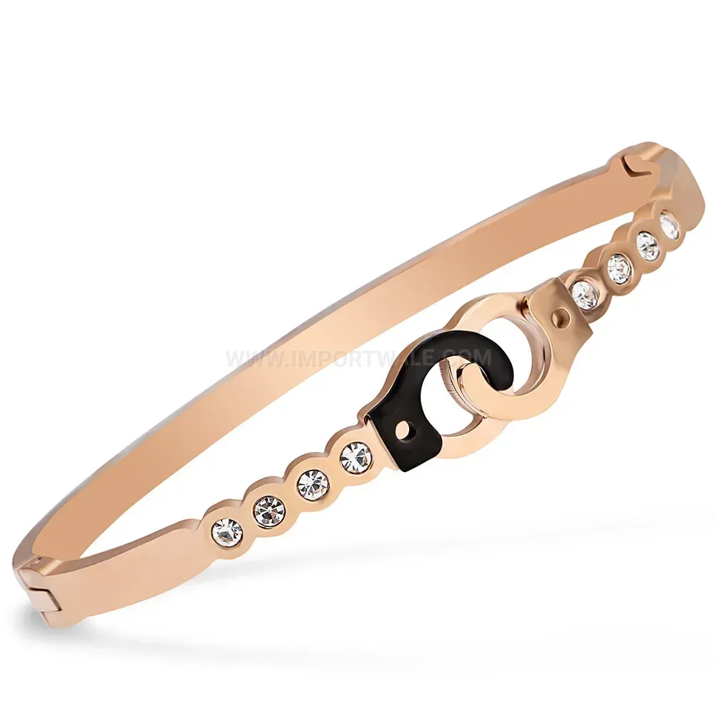 Classic Rose Gold Stainless Steel Handcuff Charm Rhinestone Bangle