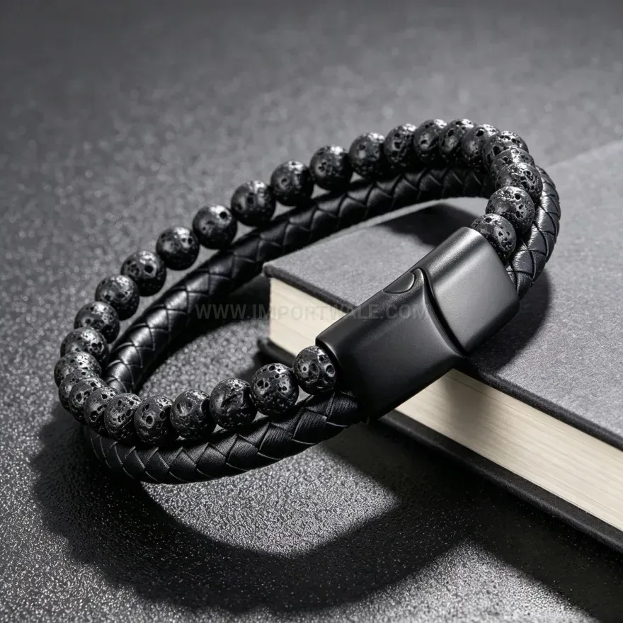 Chic Multi Strand Leather and Lava Stone Beaded Men's Bracelet