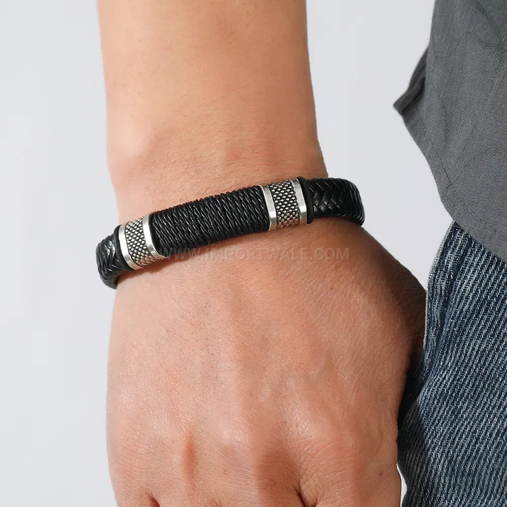 Modern Sleek Black Leather Cord Bracelet with Magnetic Clasp