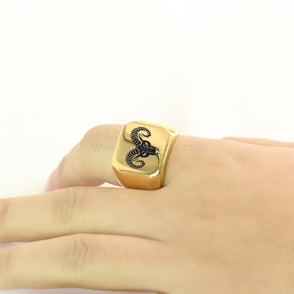 Chic Vintage Engraved Ram Head Stainless Steel Square Signet Ring