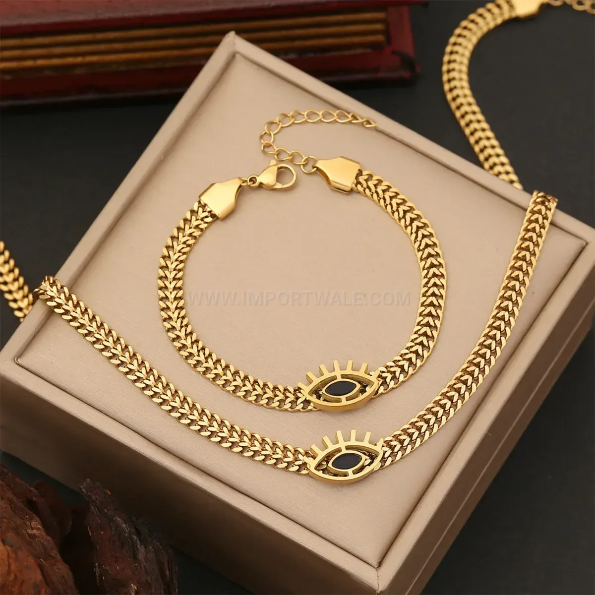 Bold Titanium Steel Evil Eye Motif Chain Necklace and Bracelet
