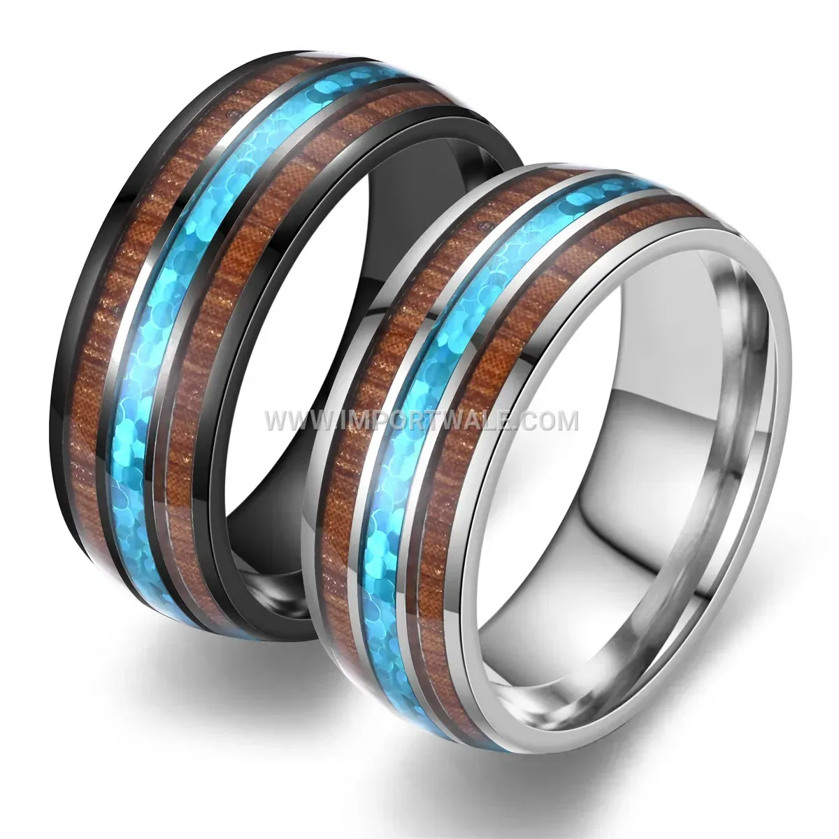 Light Blue Wood Grain Stainless Steel Band Ring