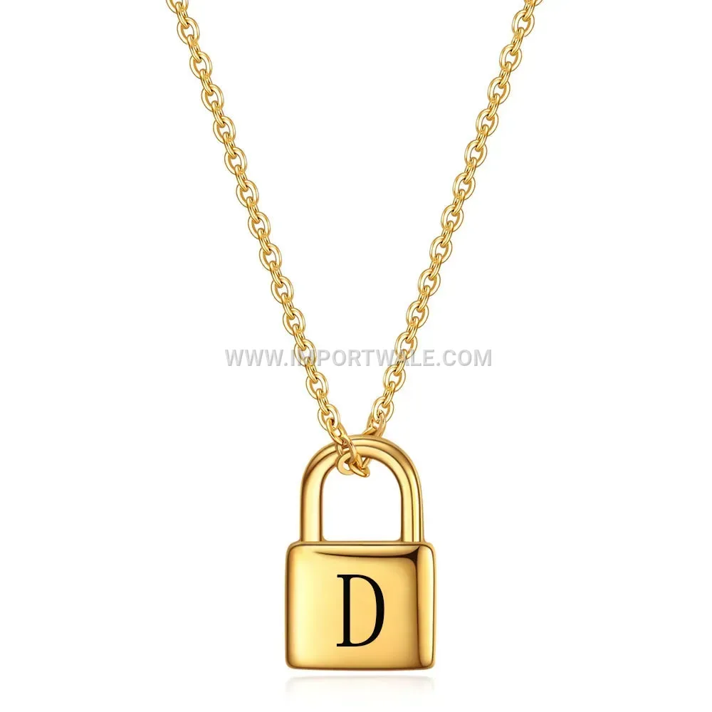 Engraved Alphabet Lock Pendant Necklace in 18K Gold Plated Stainless Steel
