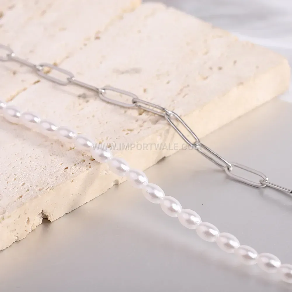 Faux Pearl Splicing Safety Pin Stainless Steel OT Clasp Necklace
