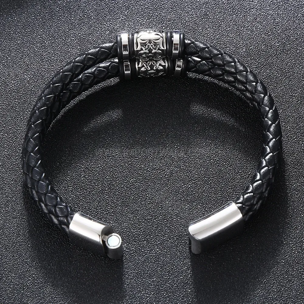 Multi Layer Woven Leather Stainless Steel Mens Bracelet