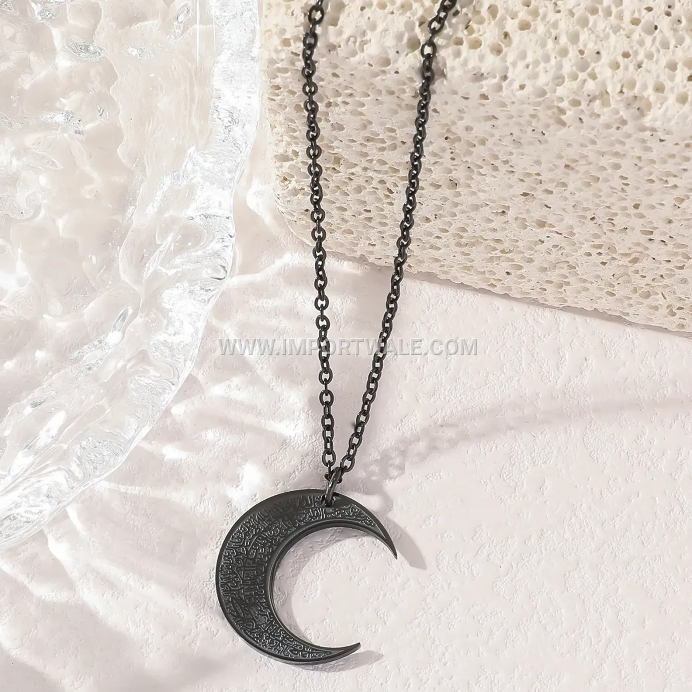 Double Sided Engraved Moon Ayatul Kursi Stainless Steel Pendant Necklace