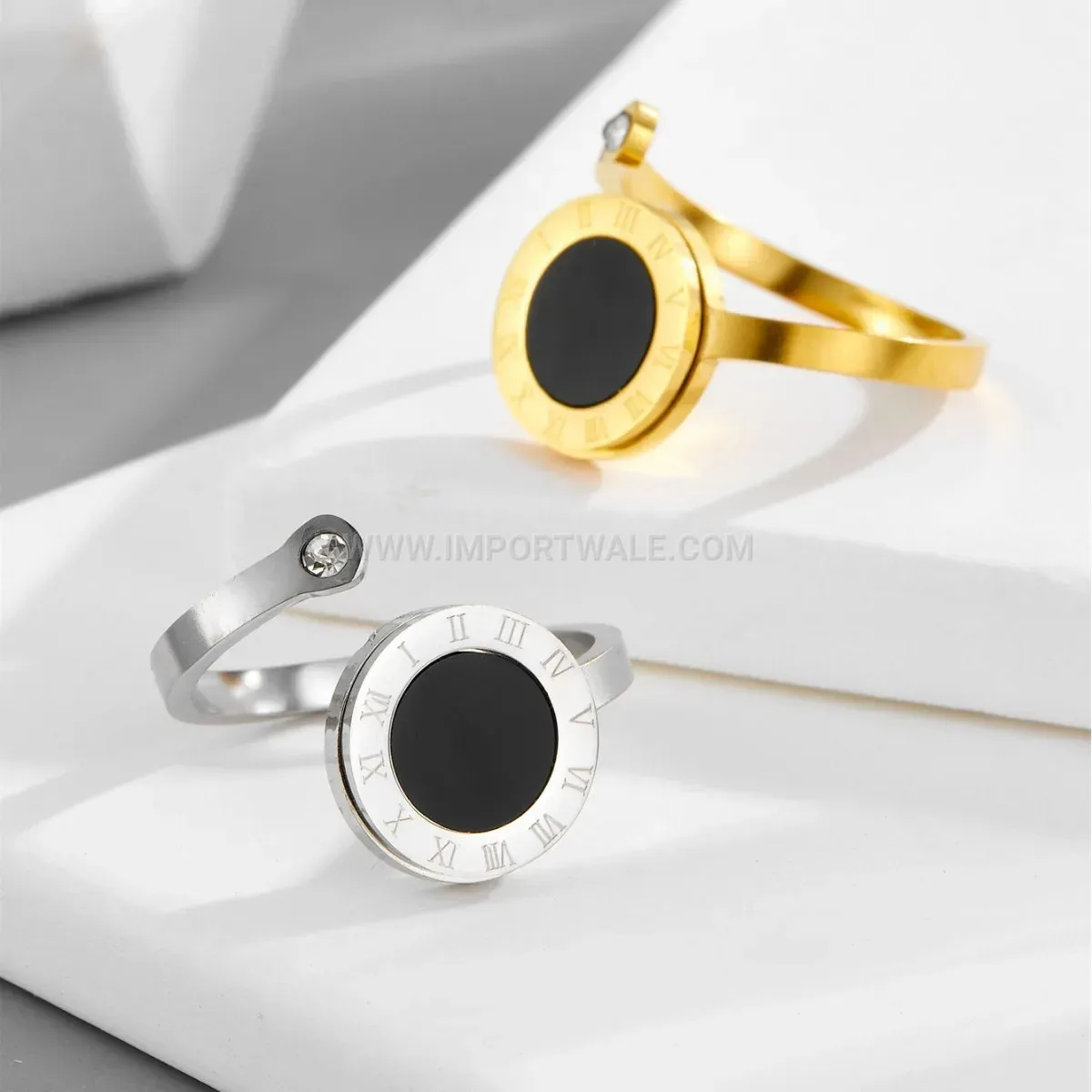 Open Adjustable Roman Numeral Shell Ring in Titanium Steel