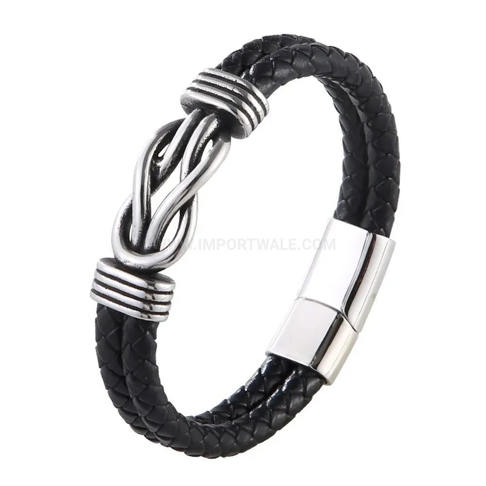 Trendy Double Layered Leather Bracelet with Magnetic Stainless Steel Clasp