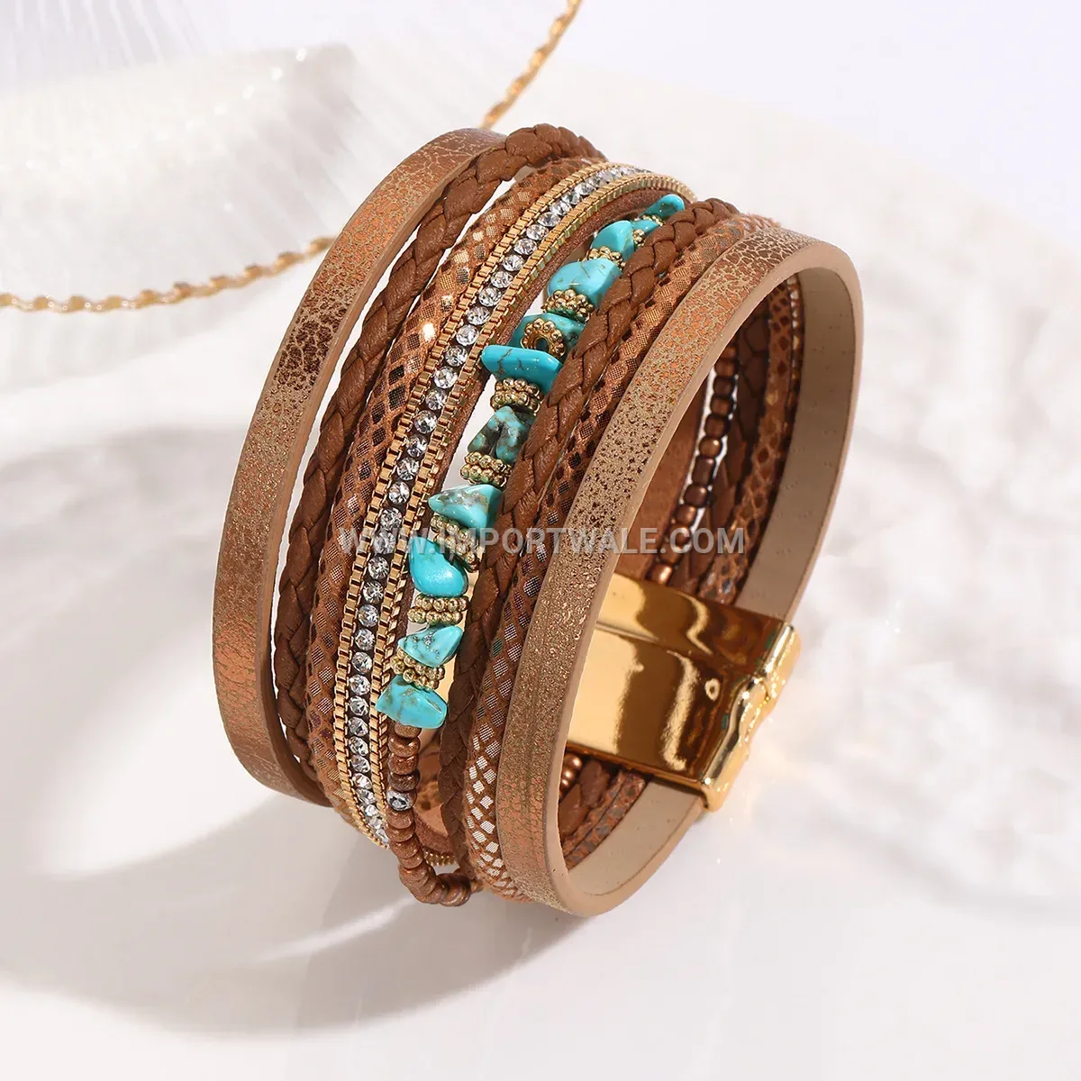 Bohemian Turquoise Wide Leather Cuff Bracelet With Magnetic Clasp