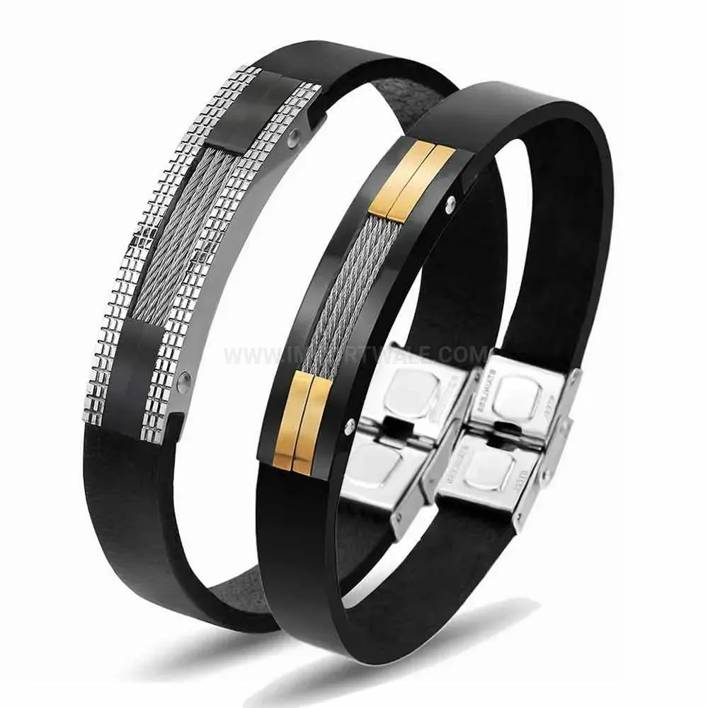 Retro 11mm Stainless Steel Two-Tone Black Leather Cord Bracelet