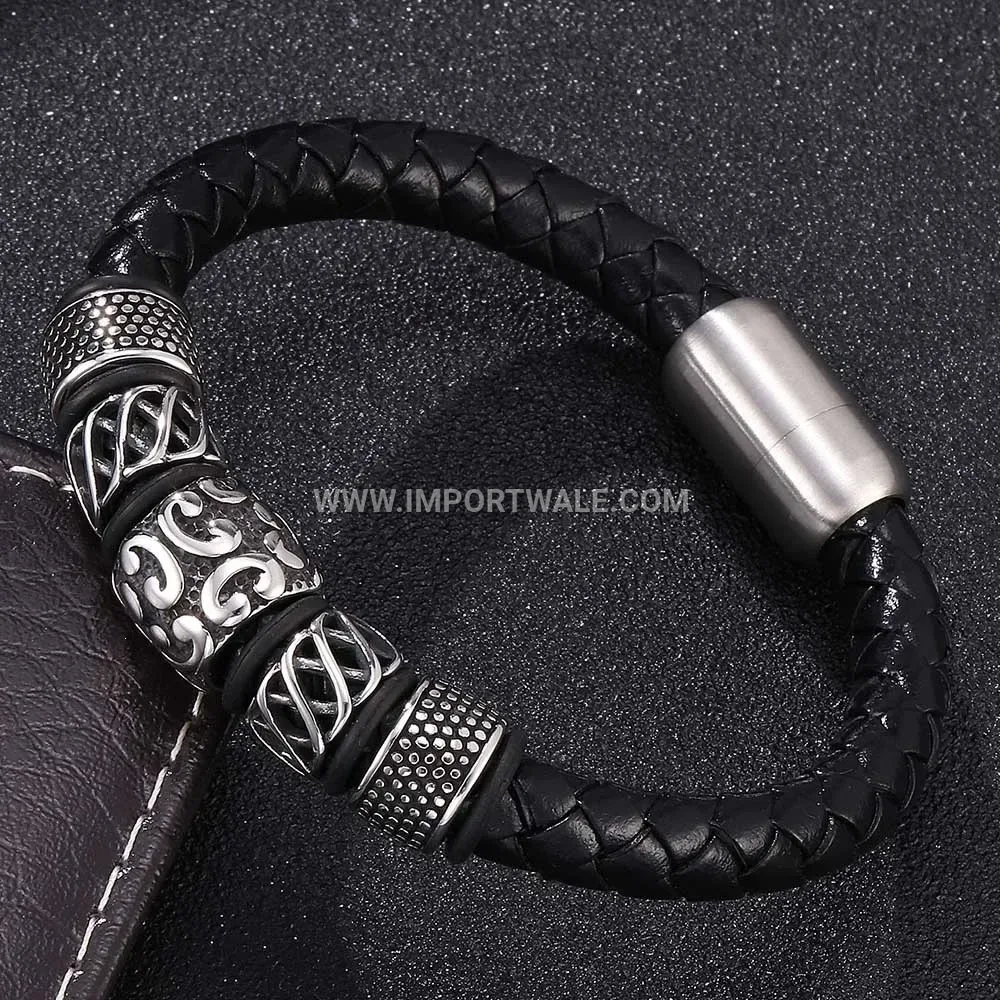 Men's Braided Leather Stainless Steel Magnetic Clasp Cuff Bracelet