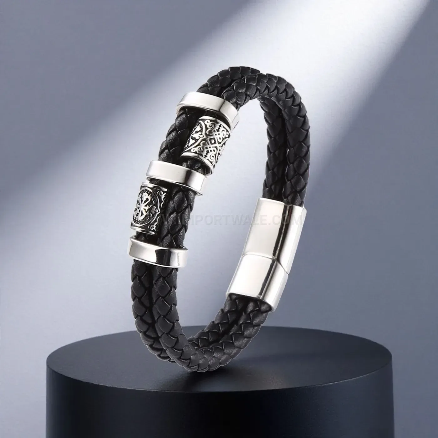 Viking Inspired Stainless Steel Double Strand Leather Wristband