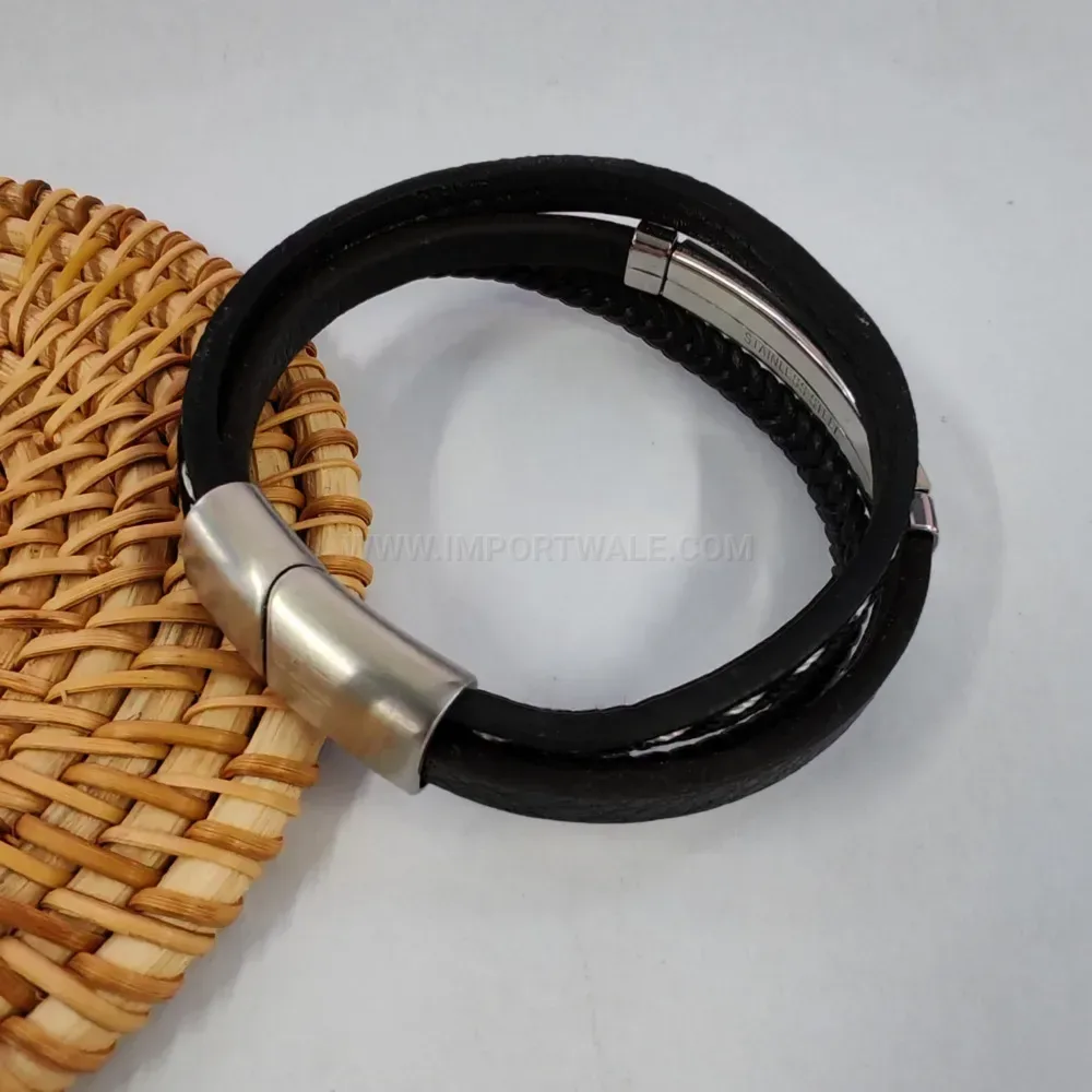 Multi Strand Leather Wristband with Stainless Steel Magnetic Clasp
