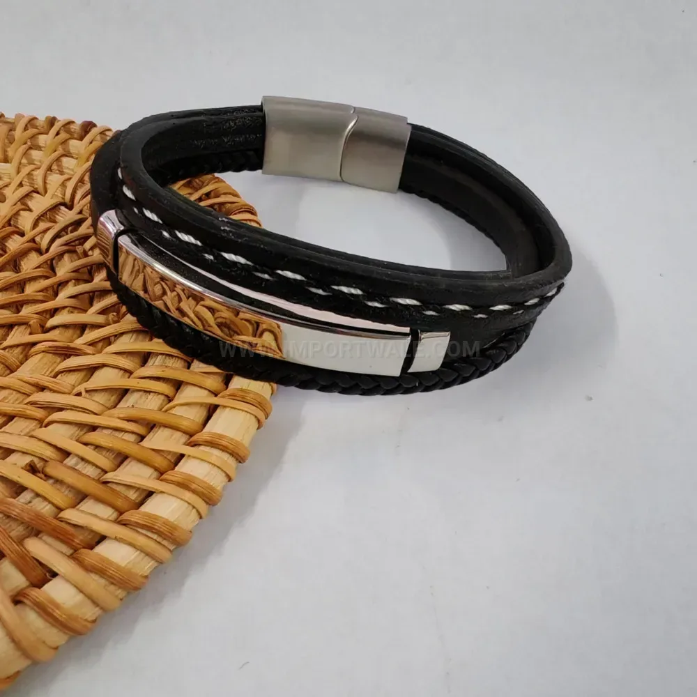 Multi Strand Leather Wristband with Stainless Steel Magnetic Clasp