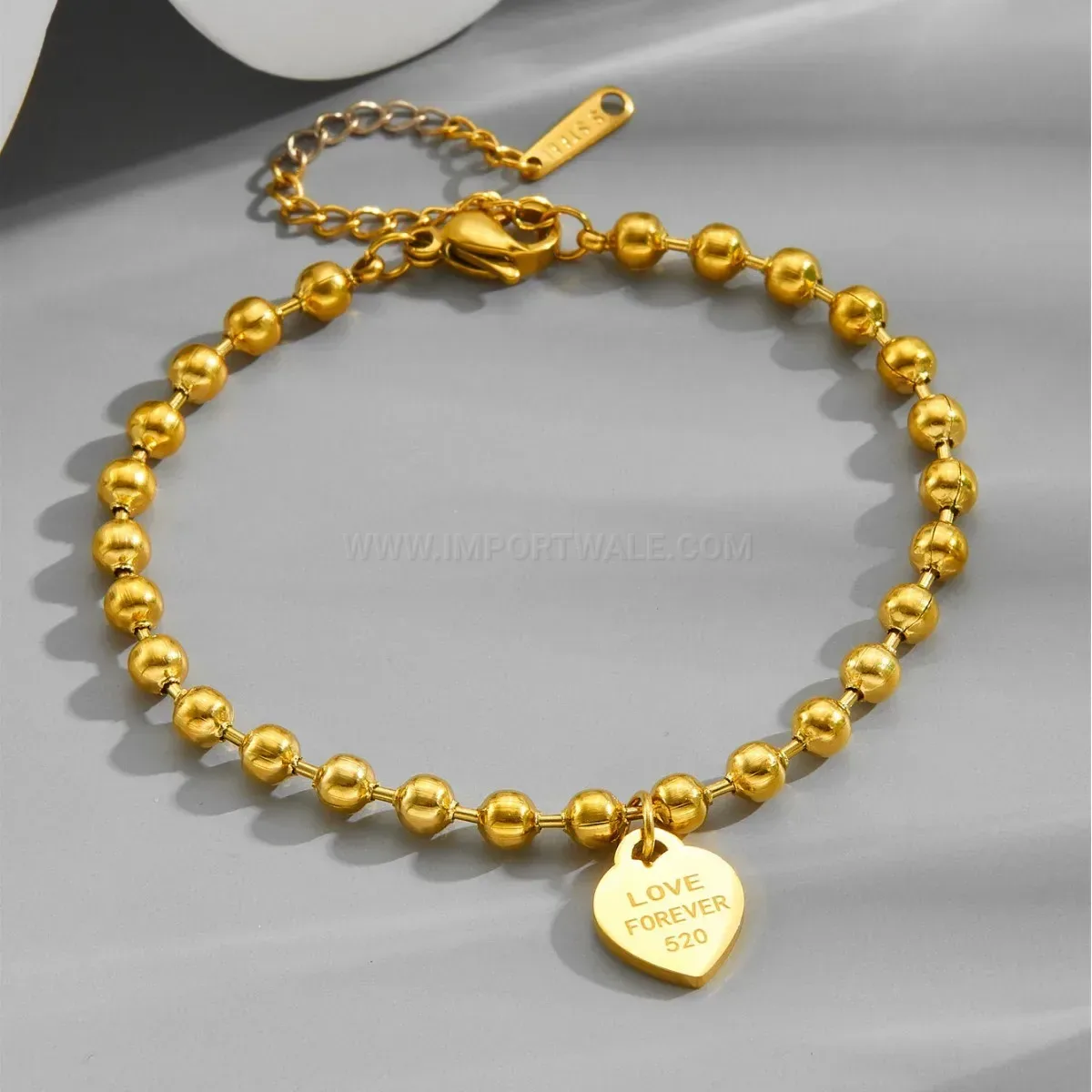 Stylish Gold Plated Titanium Steel Bead Chain Heart Tag Bracelet