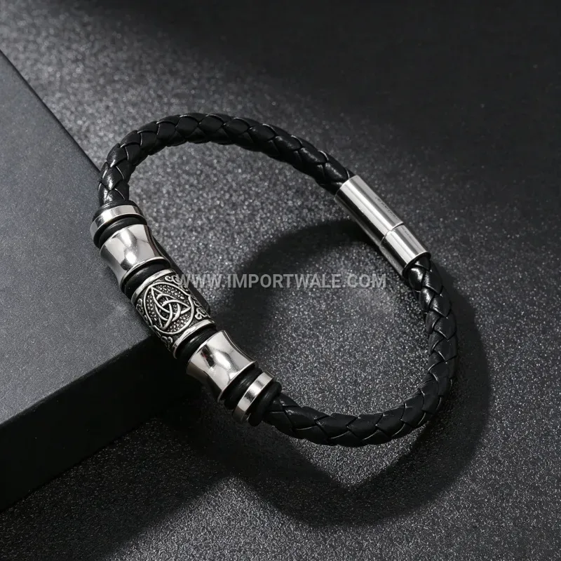 Celtic Triquetra Woven Leather Men's Bracelet With Magnetic Clasp