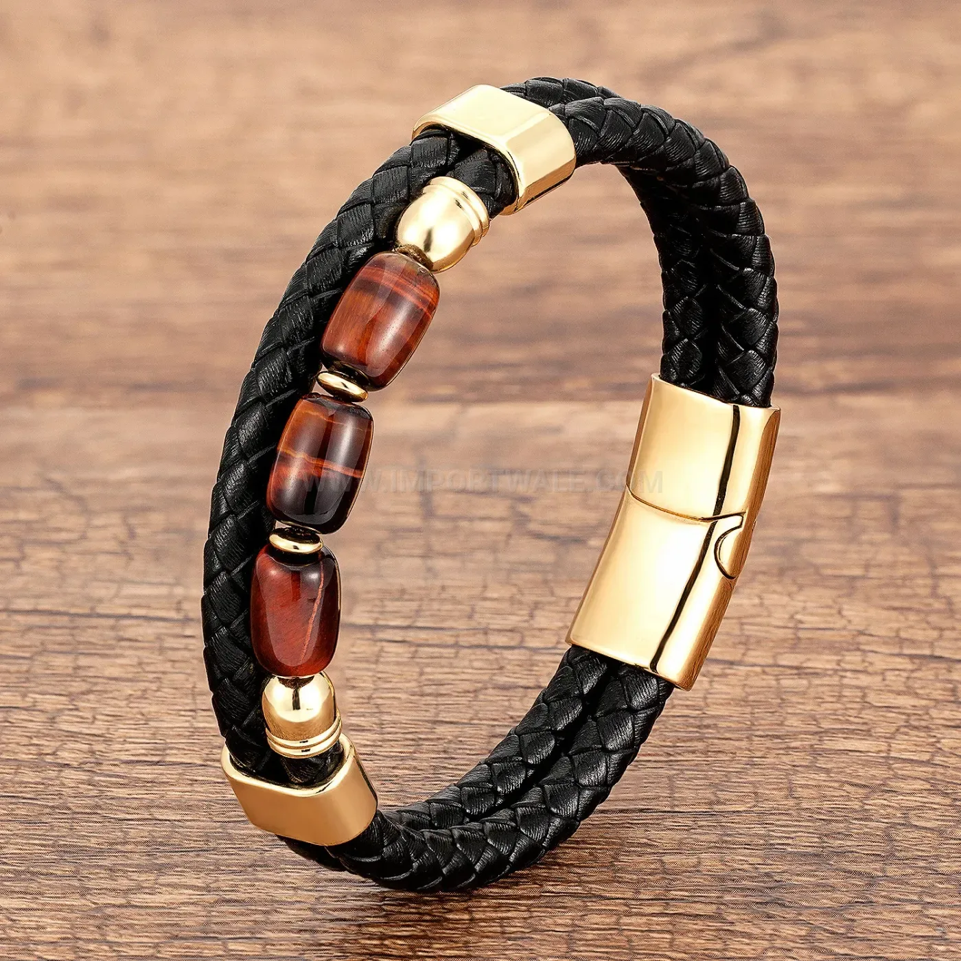 Braided Leather Tiger Eye Natural Stone Wristband Stainless Steel Clasp