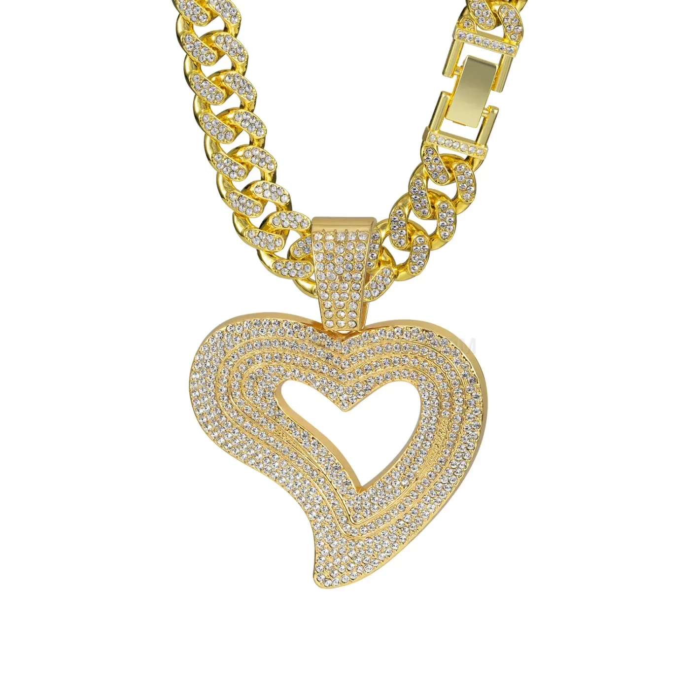 Classic Crystal Heart Alloy Pendant Cuban Chain Necklace