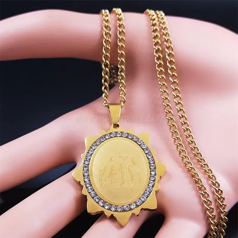 Gold Plated Stainless Steel Arabic Calligraphy Zircon Pendant Necklaces