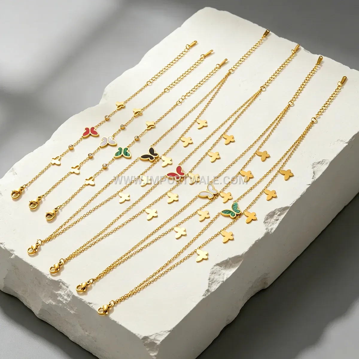 Layered Stainless Steel Butterfly Mother of Pearl Anklet and Bracelet Collection