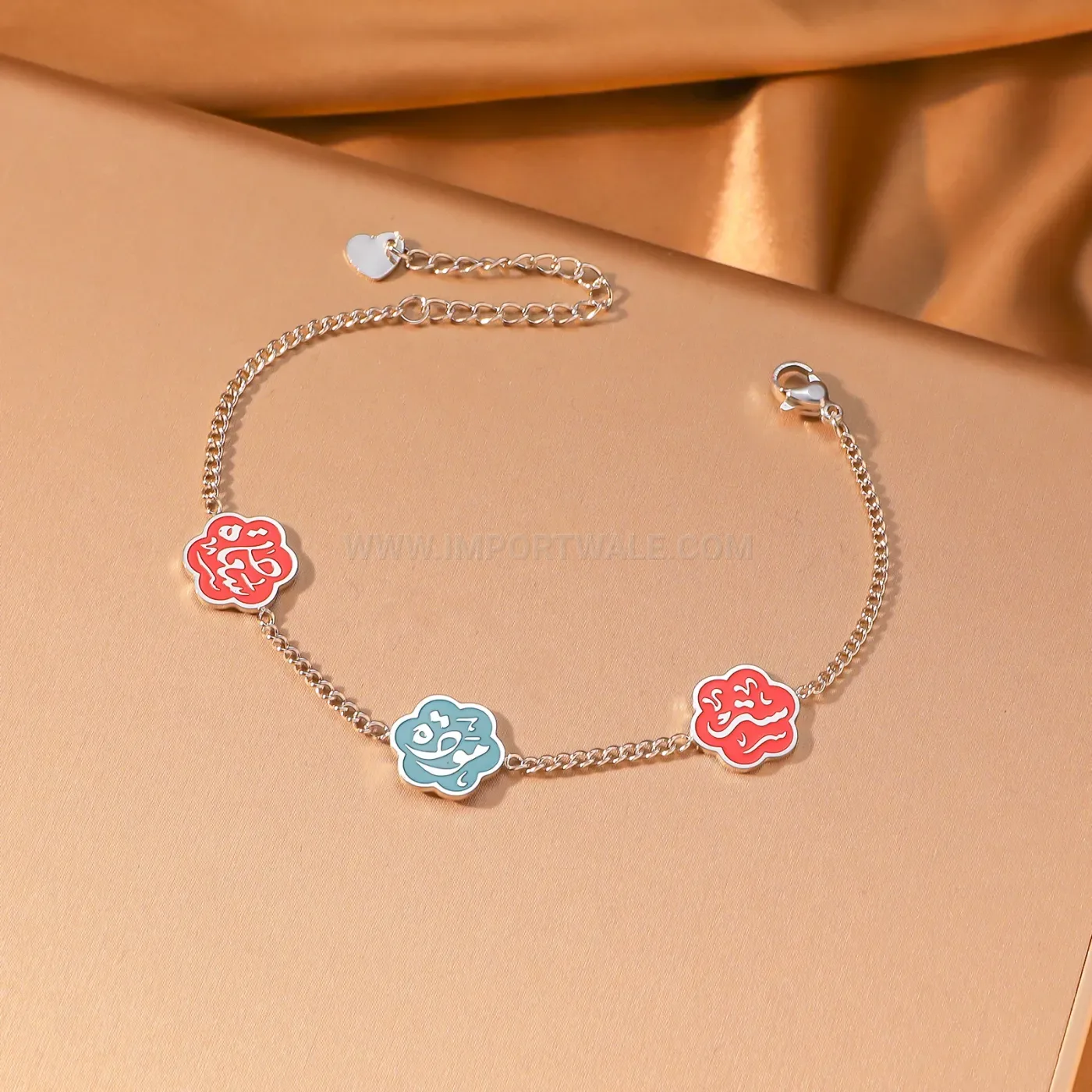 Stainless Steel Enamel Flower Charm Arabic Calligraphy Chain Bracelet