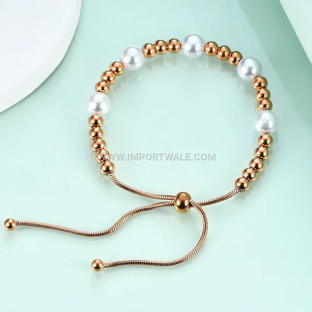 Adjustable Stainless Steel Snake Chain Bracelet with Faux Pearls