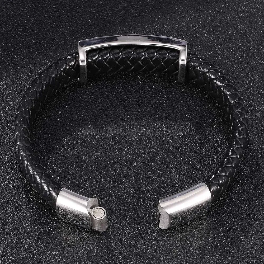Vintage Skull Stainless Steel Woven Leather Wristband for Men