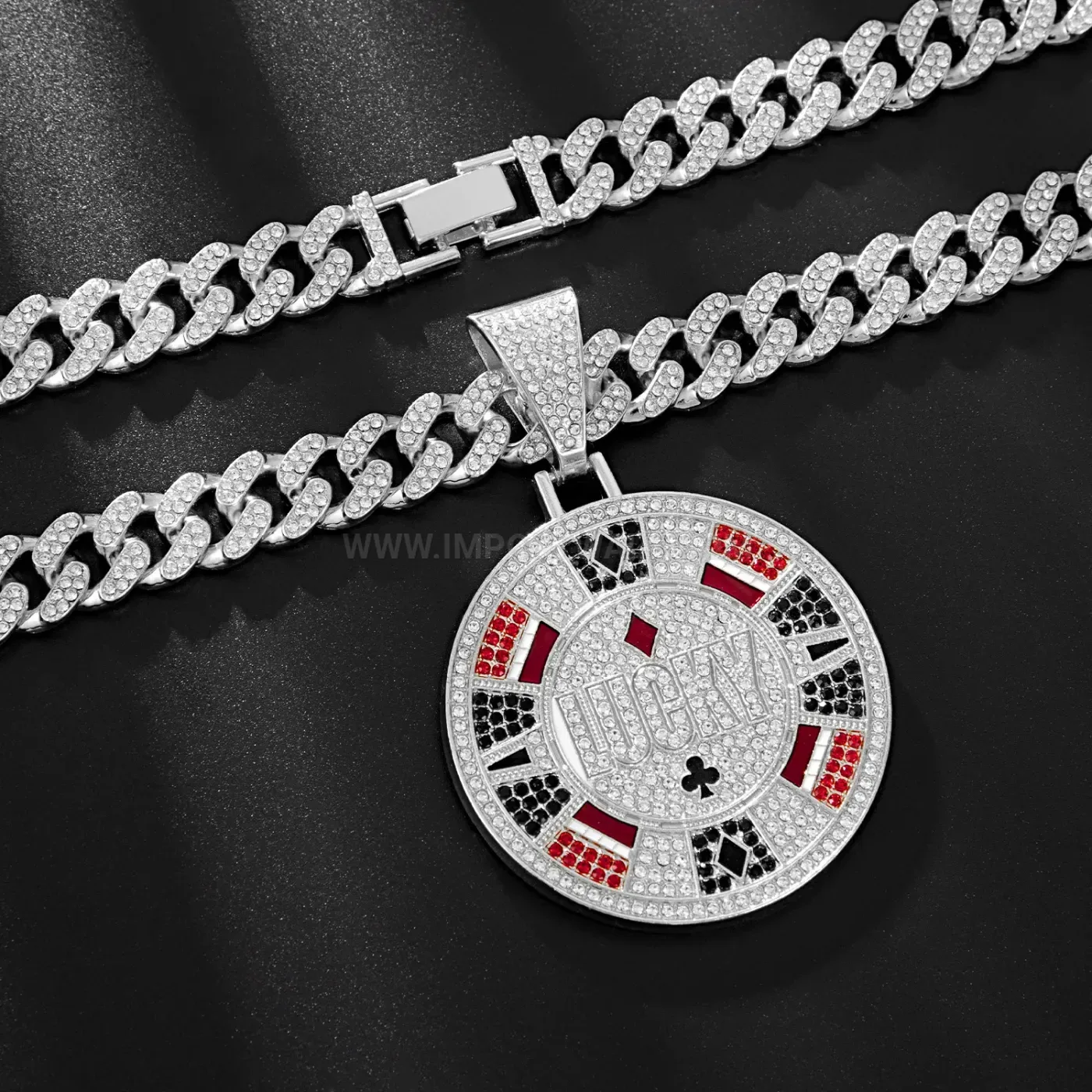 Rhinestone Playing Card Square Pendant with Cuban Chain