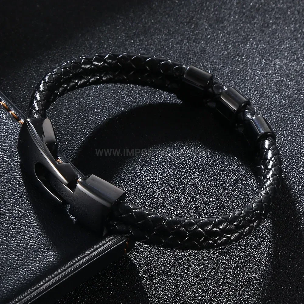 Customizable Double Layer Braided Leather Stainless Steel Bracelet