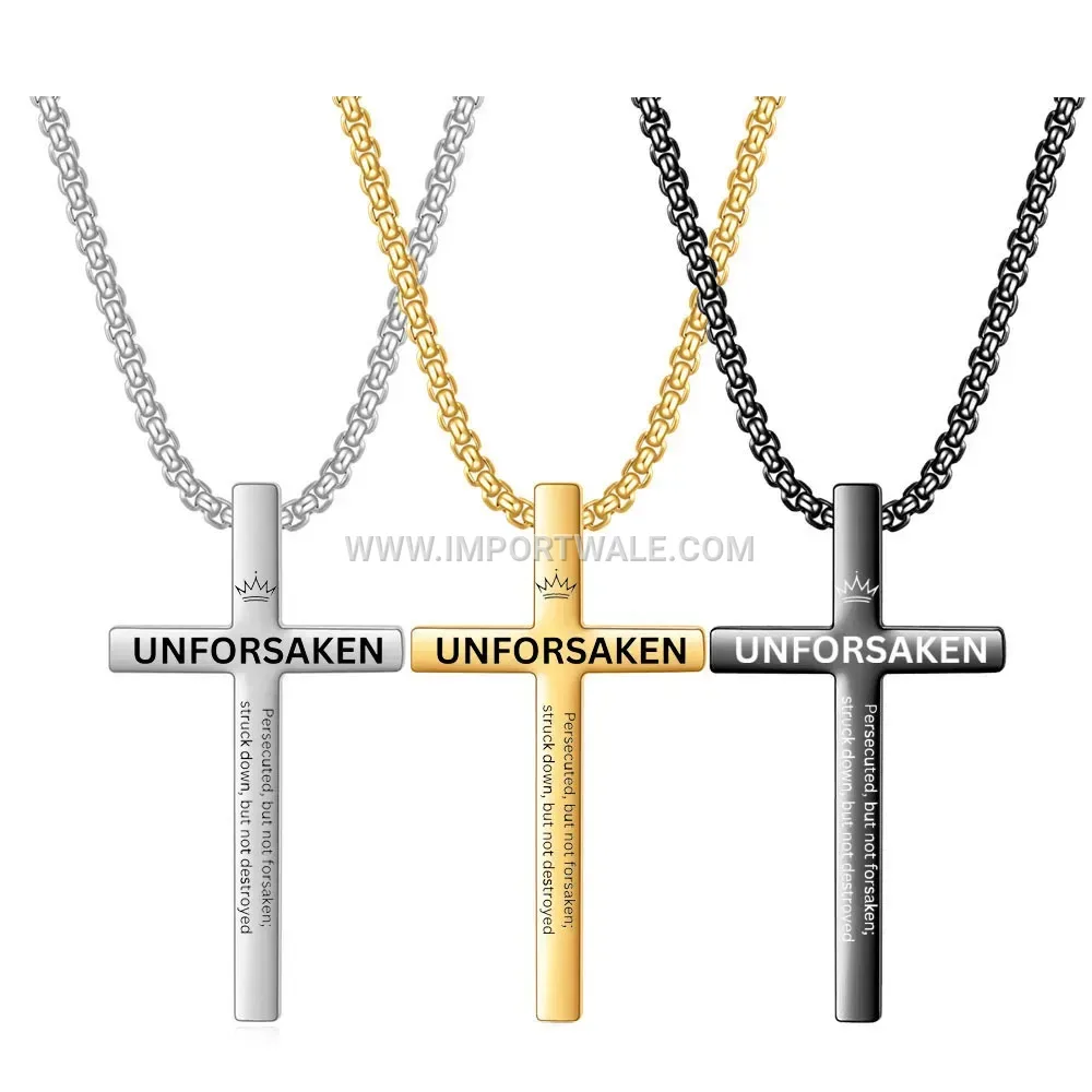 Laser Engraved Stainless Steel Crown Cross Pendant Necklace