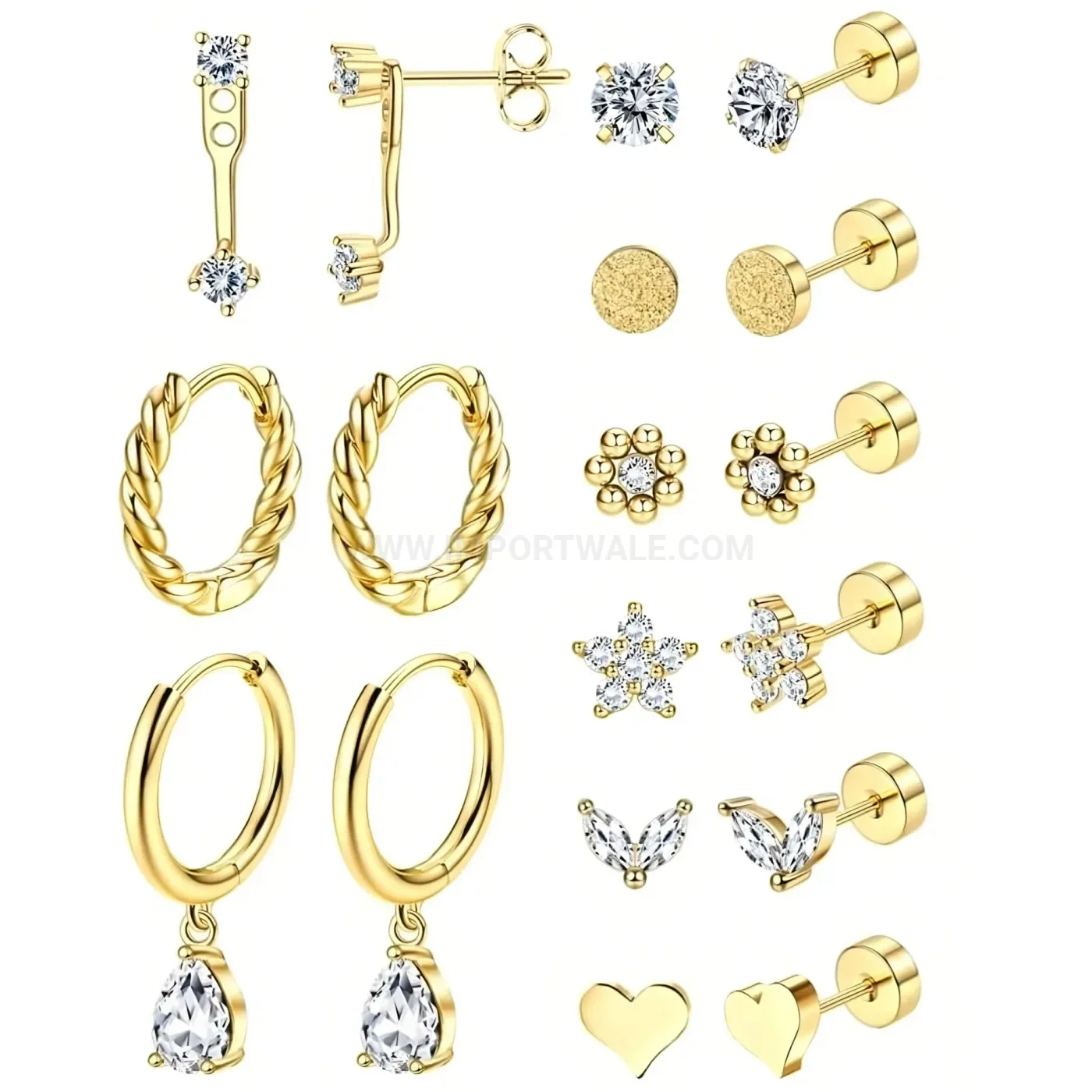 Chic Rhinestone Heart Flower and Teardrop Stainless Steel Piercing Earring Set
