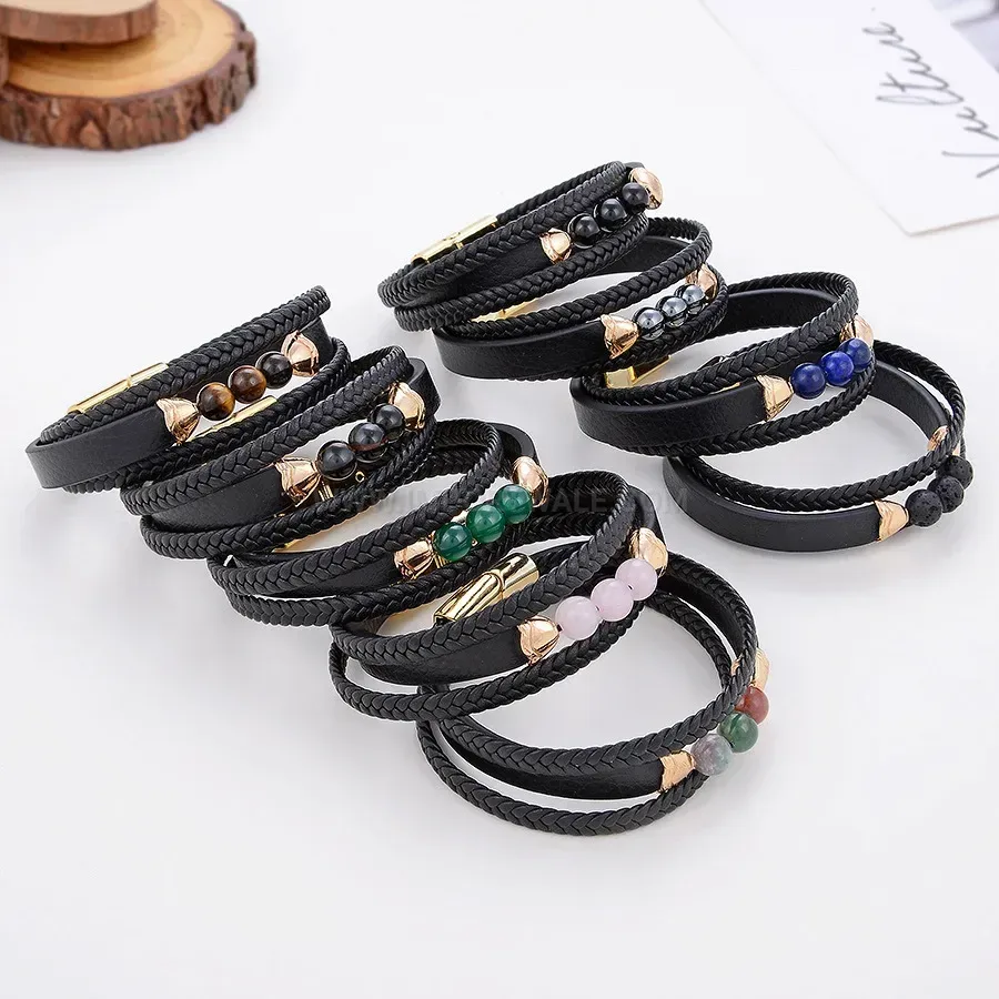 Layered Braided Leather Bracelet with Natural Stone Beads and Alloy Clasp