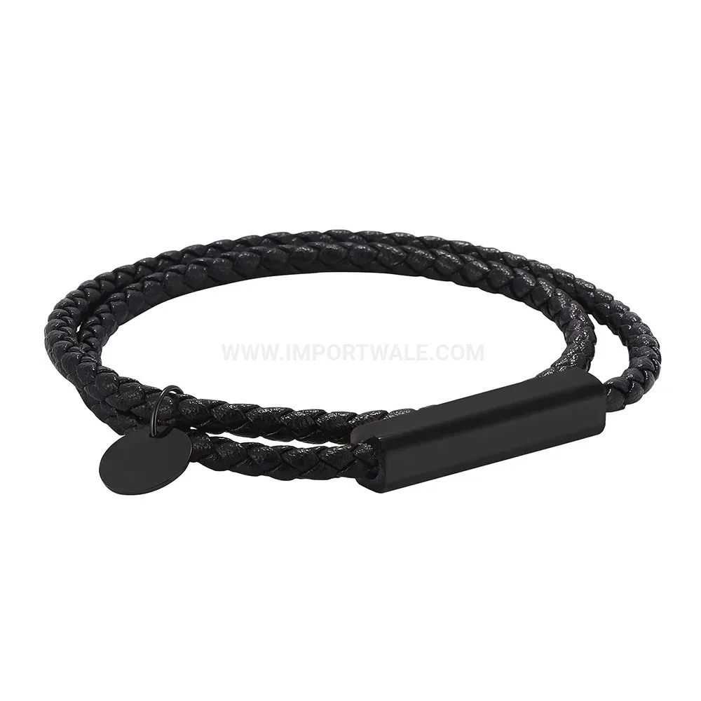 Double Strand Leather Stainless Steel Black Magnetic Wrap Bracelet