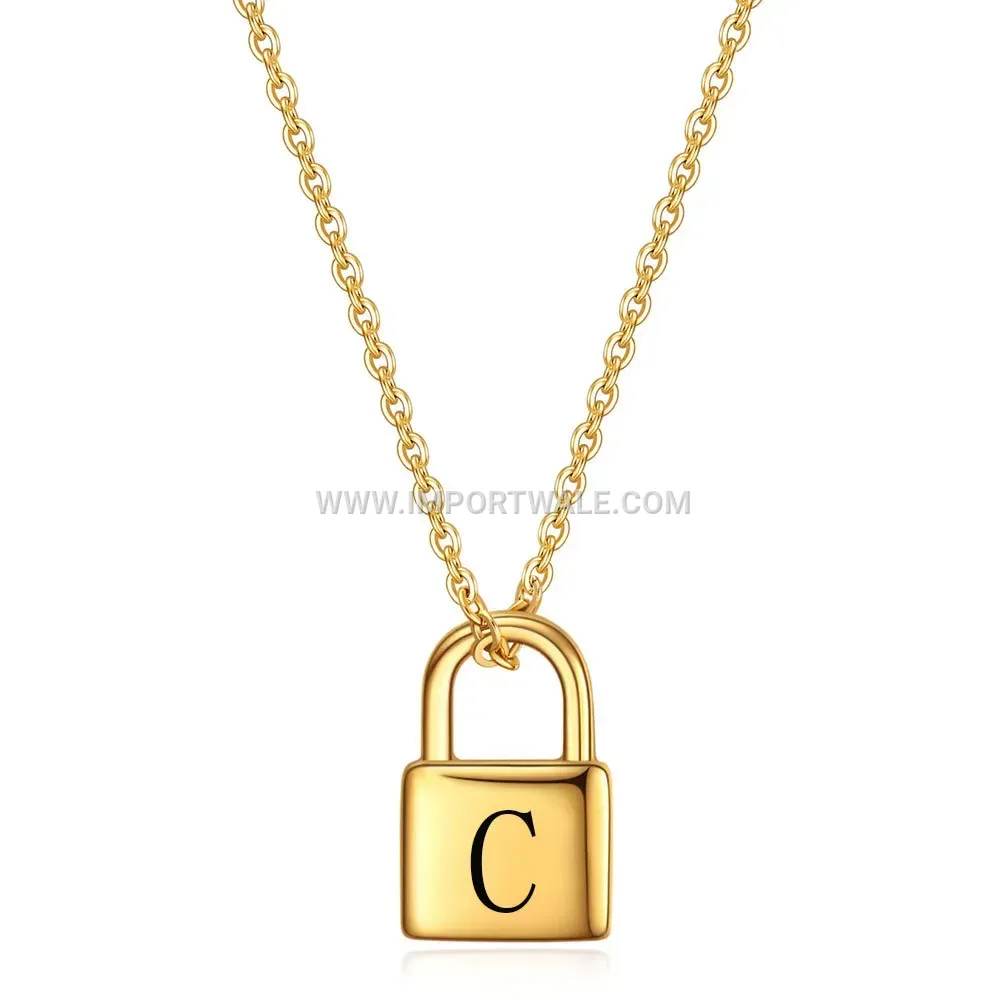 Engraved Alphabet Lock Pendant Necklace in 18K Gold Plated Stainless Steel