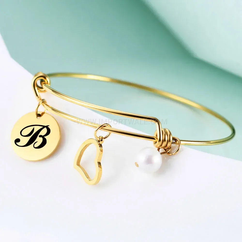 Fashion Adjustable Initial Charm Pearl Heart Stainless Steel Cuff Bangle