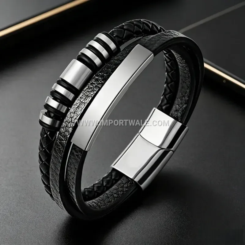 Men Multi Strand Woven Leather Bracelet Smooth Stainless Steel Clasp