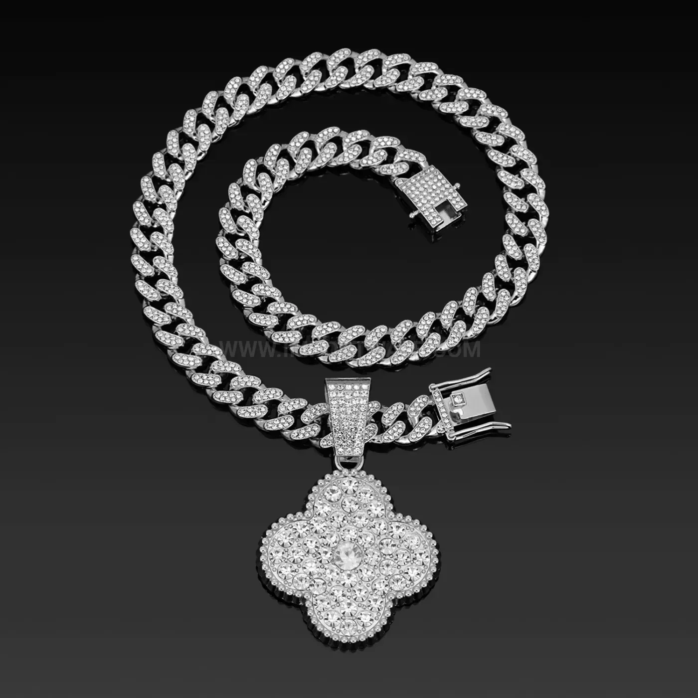 Rhinestone Four-Leaf Clover Alloy Hip Hop Pendant