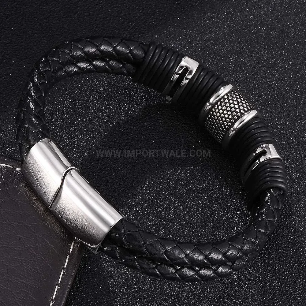 Fashion Braided Leather Stainless Steel Magnetic Clasp Geometric Wrap Wristband