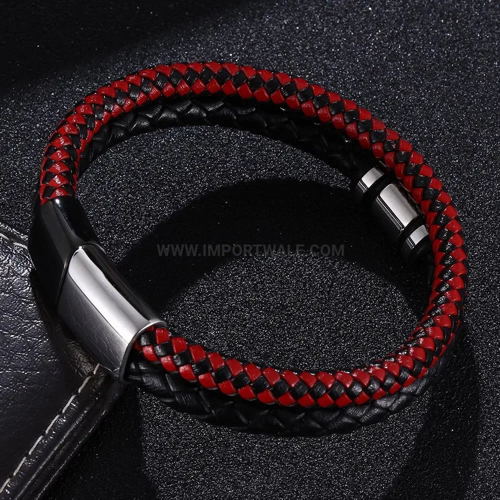 Dual Tone Braided Leather Bracelet with Magnetic Stainless Steel Clasp