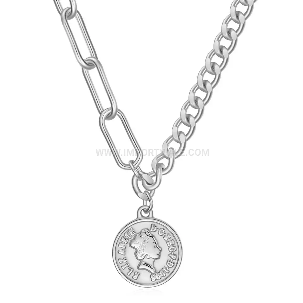 Stainless Steel Queen Coin Pendant Necklace With Minimalist Toggle Clasp