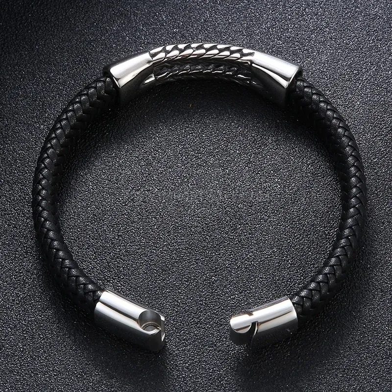 Elegant Braided Leather Stainless Steel Punk Style Wristband for Men