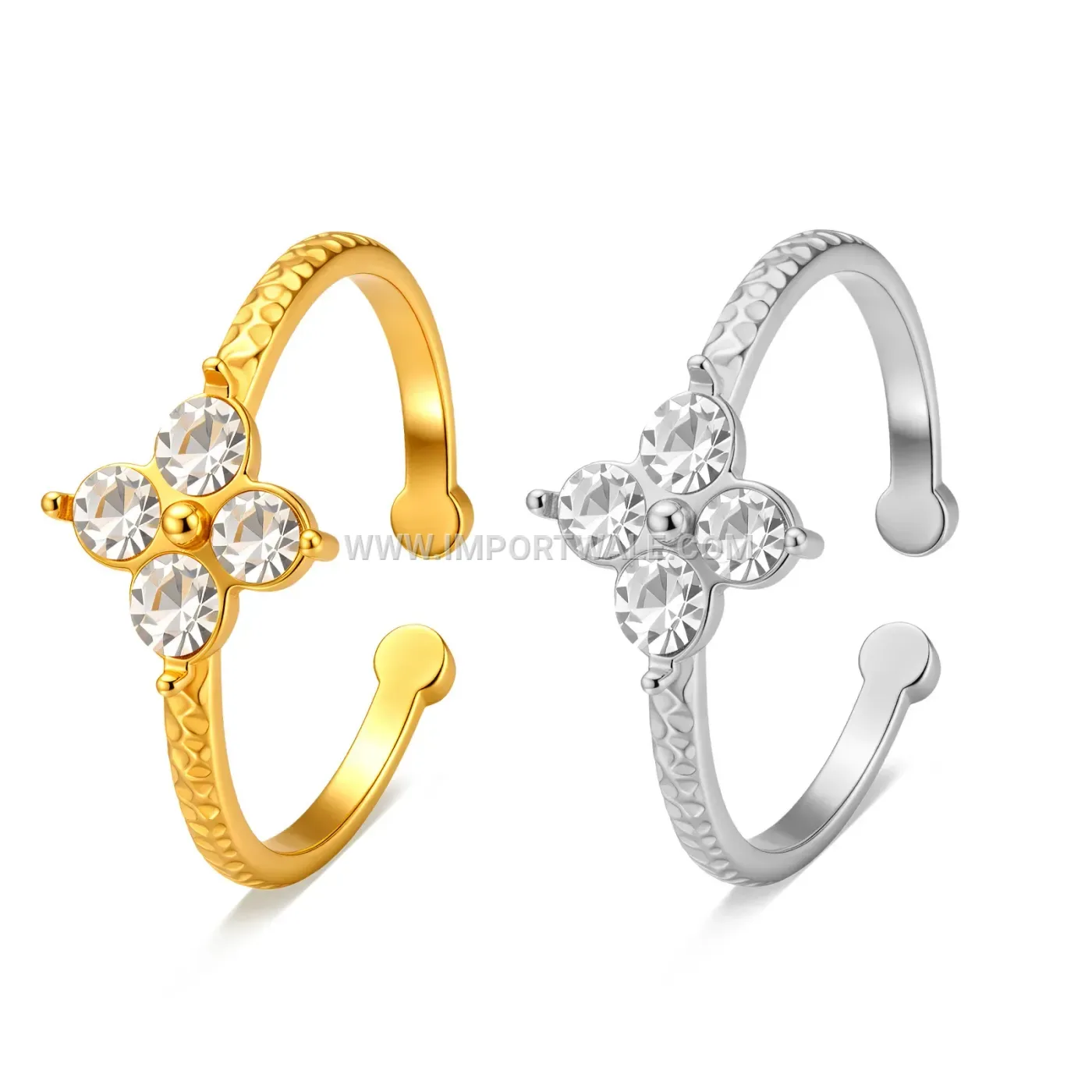 Hammered Stainless Steel Four-Leaf Clover Open Ring with Cubic Zirconia