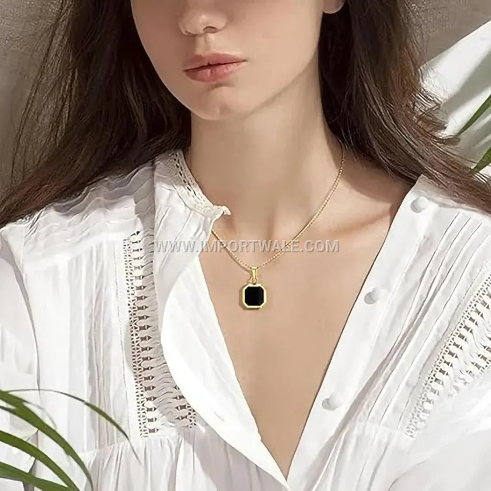 Stainless Steel Square Resin Pendant Link Chain Sweater Necklace