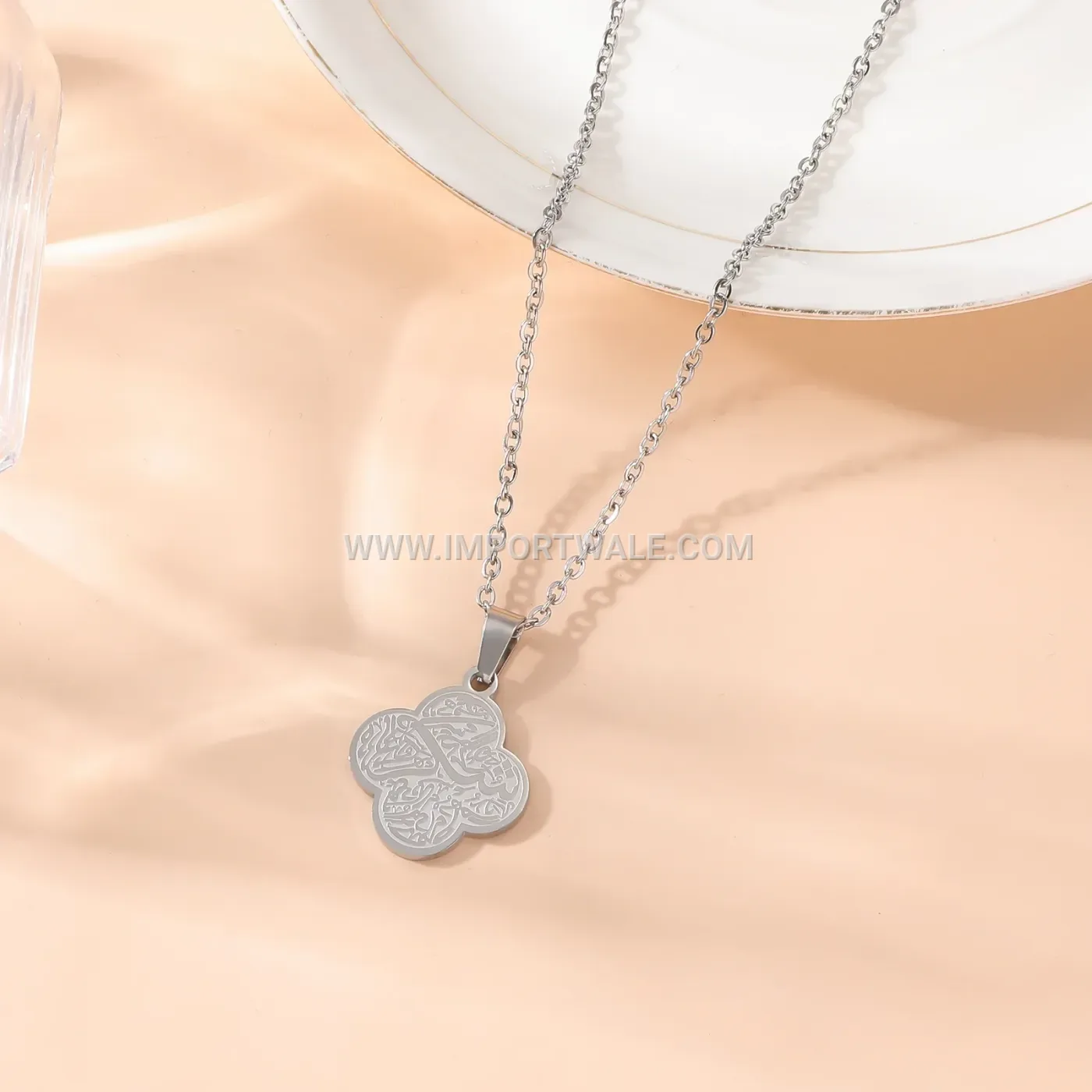 Double Sided Inscribed Clover Stainless Steel Pendant Necklace