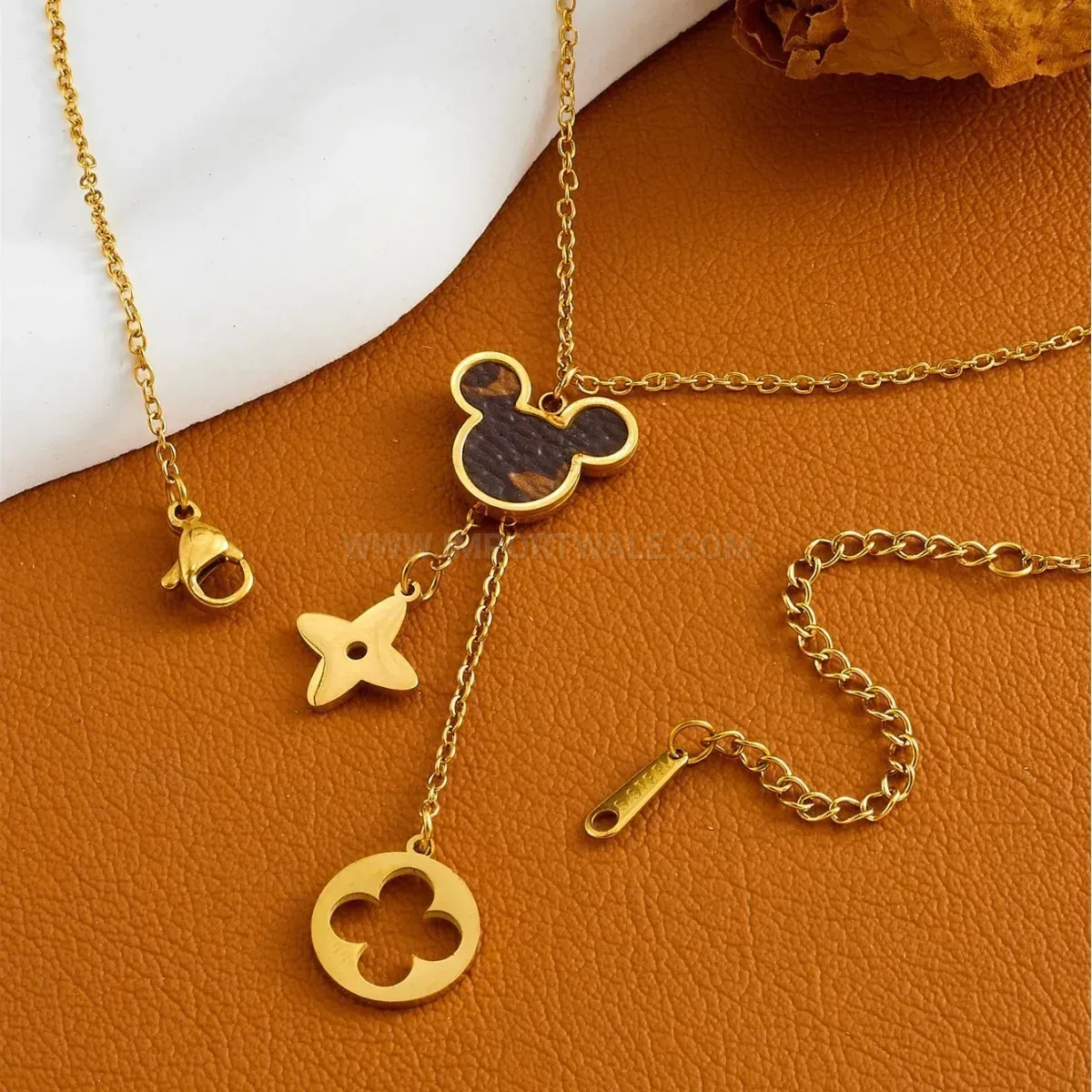 Trendy Titanium Steel Leather Mickey Pendant Necklace