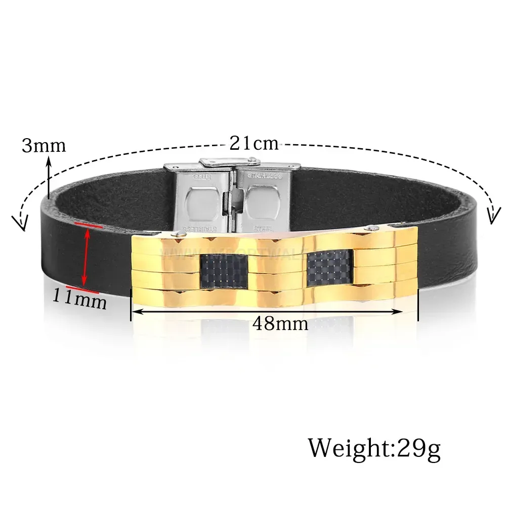 Men's Two-Tone Black Leather Cord Stainless Steel Bracelet